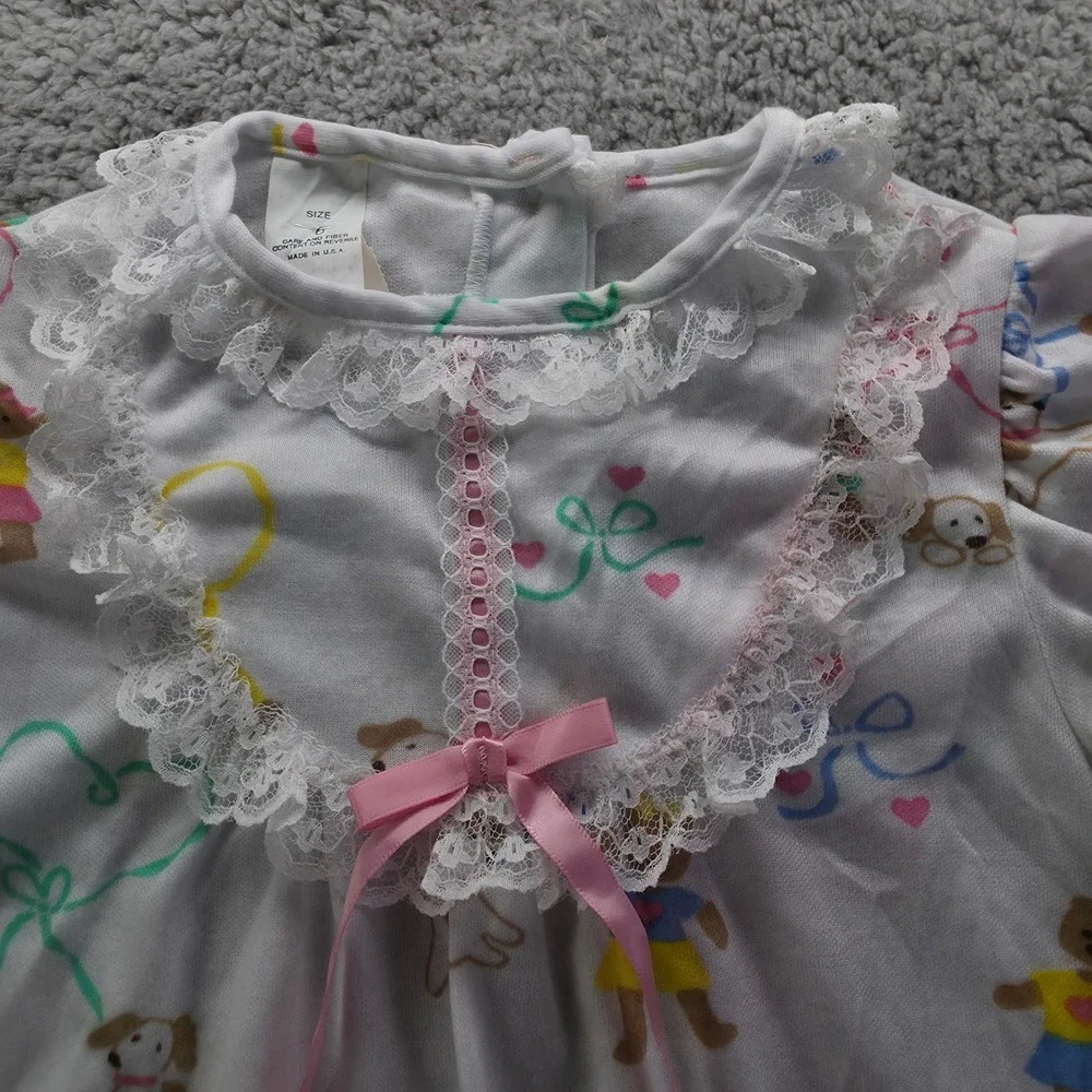 Kid Duds Vintage Girls Nightgown Size 6 White Bear Puppy Lace Ruffle 90s